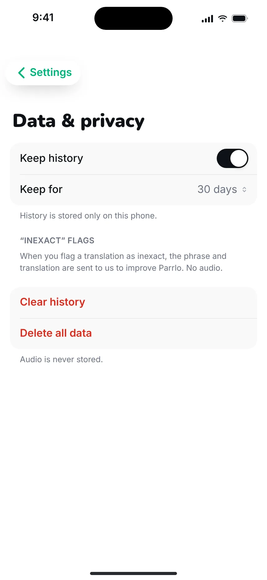 Settings and privacy — settings data