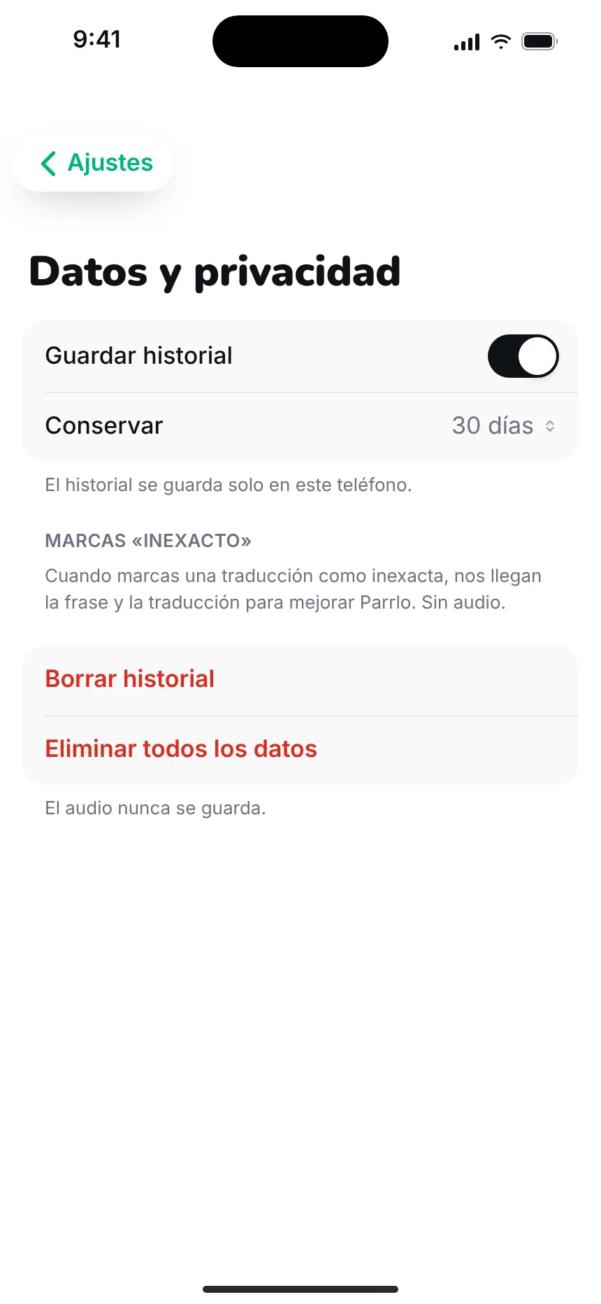 Ajustes y privacidad — settings data